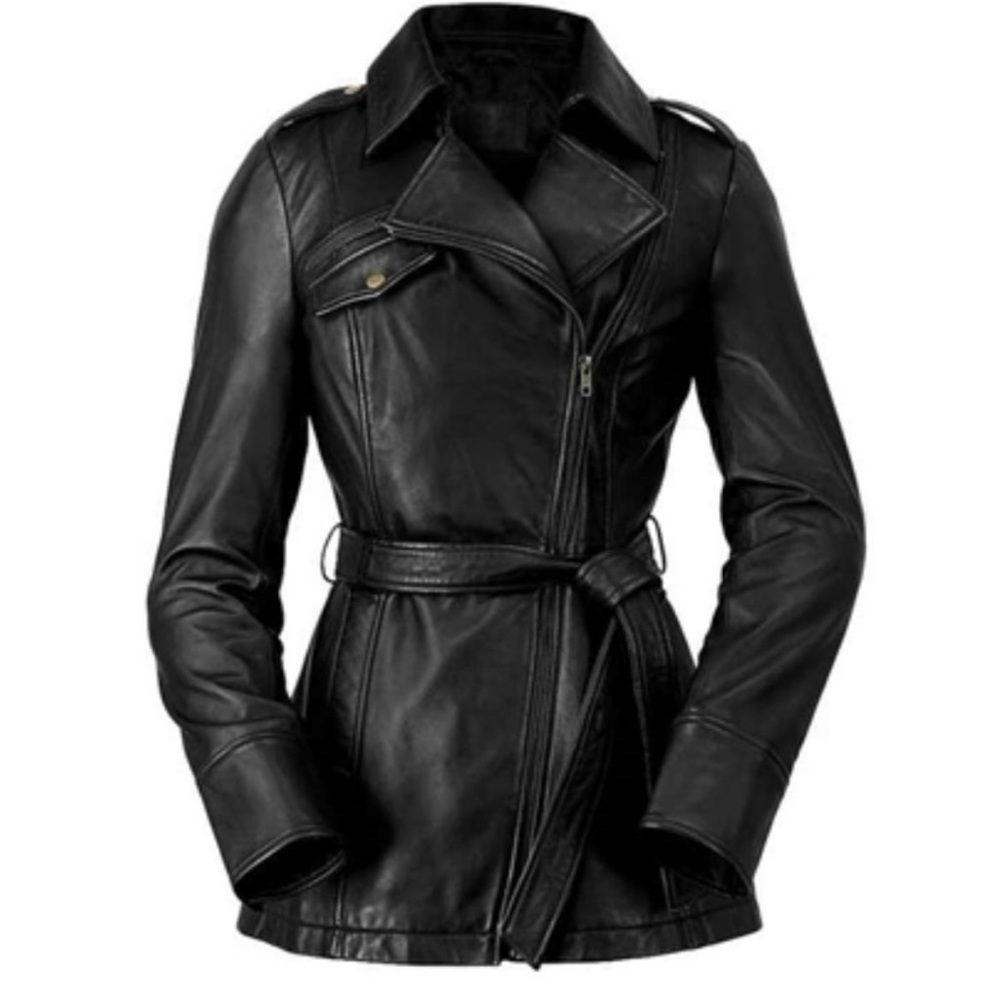 Wet Blu Black Mid-length belted leather jacket